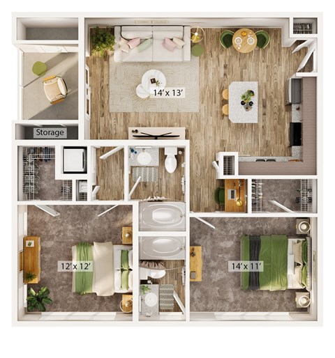A floor plan of a small apartment with a kitchen, living room, and bathroom.